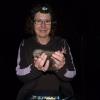 Alison with a little spotted kiwi chick at Zealandia